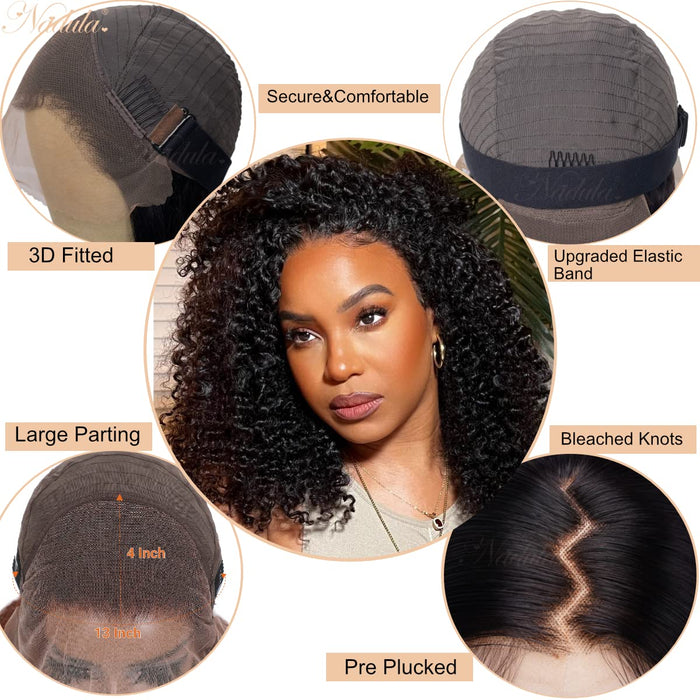NIC Hair 13x4 Kinky Edges Hairline Curly Front Wigs - 16 inches Human Hair Pre Plucked Glueless HD Transparent Lace with Realistic Hairline 150% Density Full Cap Size