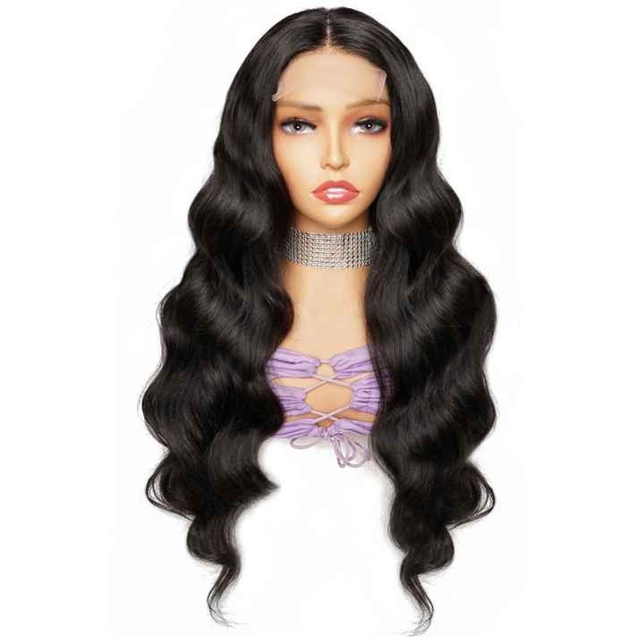 Wig Closure Virgin Hair Normal Lace Large Cap Size - Human Hair Normal Lace Wig With Natural Hairline Black Color- Body wave