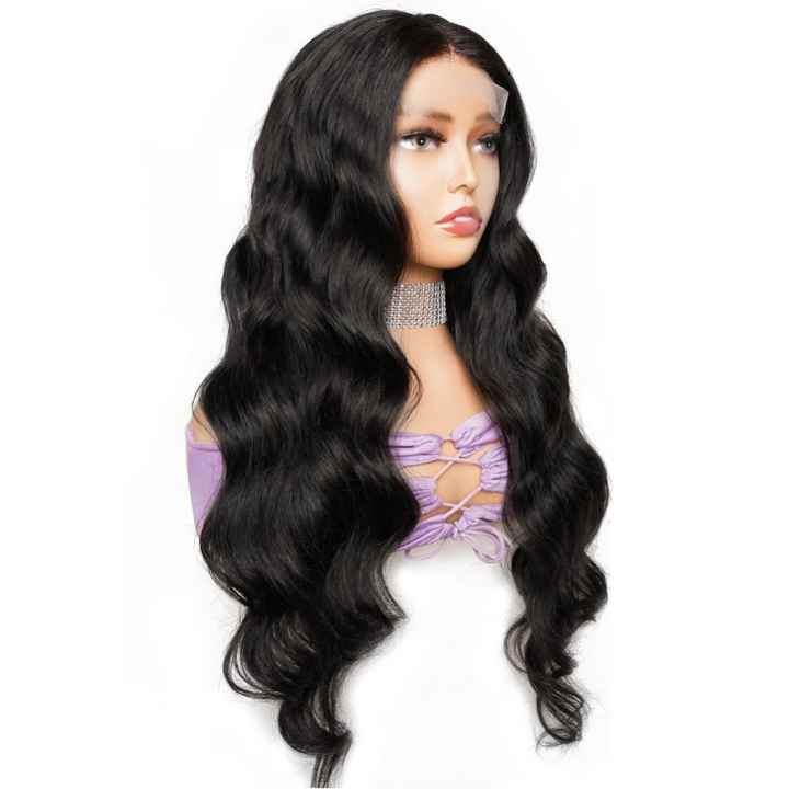 Wig Closure Virgin Hair Normal Lace Large Cap Size - Human Hair Normal Lace Wig With Natural Hairline Black Color- Body wave