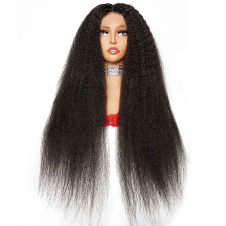 Wig Closure Remy Hair HD Lace Medium Size - Human Hair HD Lace Wig With Natural Hairline Black Color-Yaki Kinky Straight