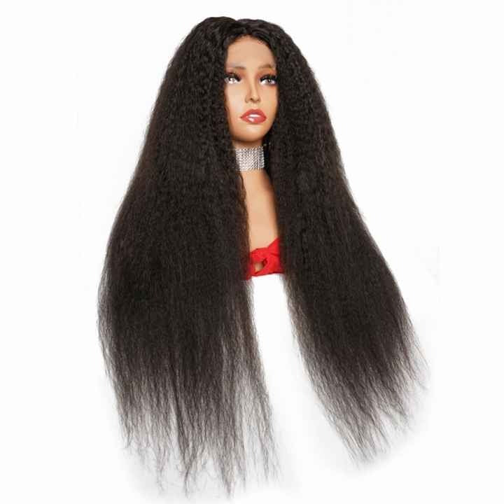 Wig Closure Remy Hair HD Lace Medium Size - Human Hair HD Lace Wig With Natural Hairline Black Color-Yaki Kinky Straight